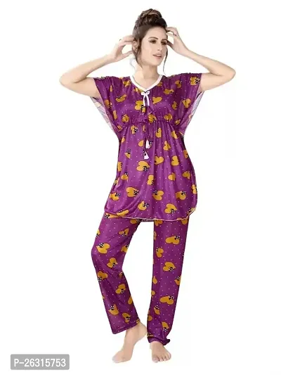 Vivaan Creation Night Suit Satin Heart Printed Comfort fit Kaftan Nighty/Nightdress/Nightwear Suit Set Kaftan and Pyjama Set for Women/Girl (XL, Purple)-thumb0