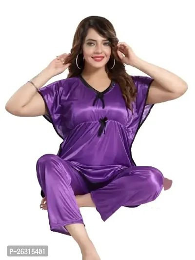 Vivaan Creation Kaftan Waist Tie Ups Dori Kimono Sleeves Kaftan Satin Comfort fit Nighty/Nightdress/Nightwear Pyjama Set for Women  Girls Pack of 1 Violet_L-thumb0