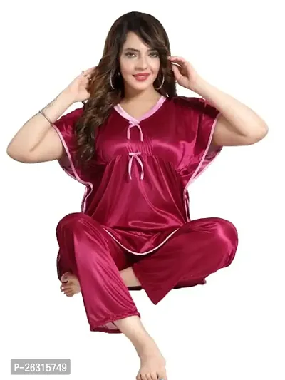 Vivaan Creation Kaftan Waist Tie Ups Dori Kimono Sleeves Kaftan Satin Comfort fit Nighty/Nightdress/Nightwear Pyjama Set for Women  Girls Pack of 1 Wine 1_XXL-thumb0