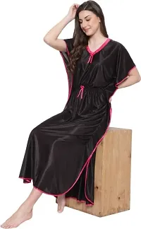 Vania's Grace Kaftan Waist Tie Ups Dori Kimono Short Sleeves Kaftan Satin Comfortable Nighty/Nightdress/Nightwear Full Length for Women/Girls - Black-thumb3