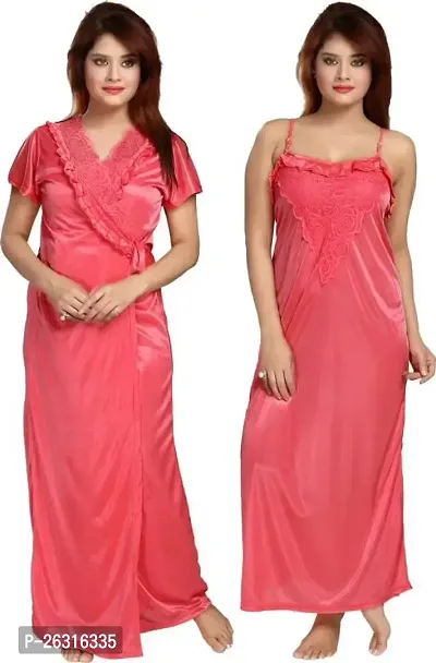 Vivaan Creation Women's Satin Plain/Solid Full Length Nightdress/Nightwear Maxi Nighty with Robe Set of 2 - Light Pink