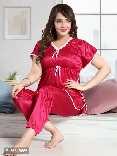 Vivaan Creation Kaftan Waist Tie Ups Dori Kimono Sleeves Kaftan Satin Comfort fit Nighty/Nightdress/Nightwear Pyjama Set for Women  Girls Pack of 1 Red 2_XXL-thumb2