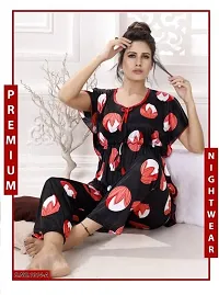 Vivaan Creation Night Suit Satin Fruit Printed Comfort fit Kaftan Nighty/Nightdress/Nightwear Suit Set Kaftan and Pyjama Set for Women/Girl - Black-thumb4