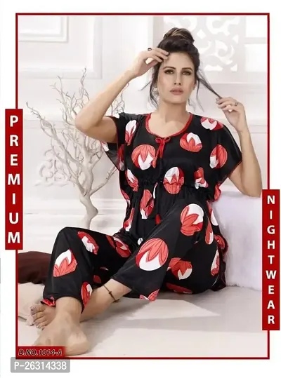 Vivaan Creation Night Suit Satin Fruit Printed Comfort fit Kaftan Nighty/Nightdress/Nightwear Suit Set Kaftan and Pyjama Set for Women/Girl - Black-thumb5