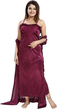 Vania's Grace Women's Satin Plain/Solid Full Length Nightdress/Nightwear Maxi Nighty with Robe Set (Free Size) - Wine-thumb2