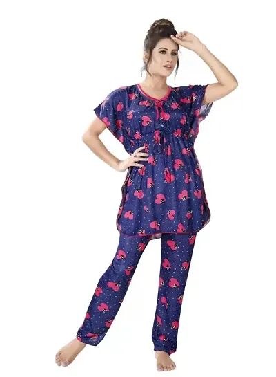 Vania's Grace Night Suit Set |Heart Printed Satin Kaftan Nighty | Kaftan Night Suit with Pyjama Set for Women