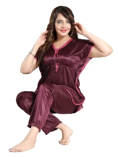 Vivaan Creation Kaftan Waist Tie Ups Dori Kimono Sleeves Kaftan Satin Comfort fit Nighty/Nightdress/Nightwear Pyjama Set for Women Girls Pack of 1 Maroon_XXL