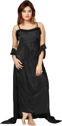 Vania's Grace Women's Satin Plain/Solid Full Length Nightdress/Nightwear Maxi Nighty with Robe Set (Free Size) - Black-thumb2