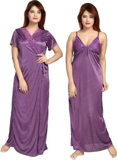 Vivaan Creation Women's Satin Plain/Solid Full Length Nightsuit/Nightwear Maxi Nighty with Robe Set of 2