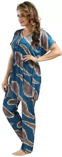 Vivaan Creation Night Suit Satin Feather Printed Comfort fit Kaftan Nighty/Nightdress/Nightwear Suit Set Kaftan and Pyjama Set for Women/Girl - Blue-thumb2