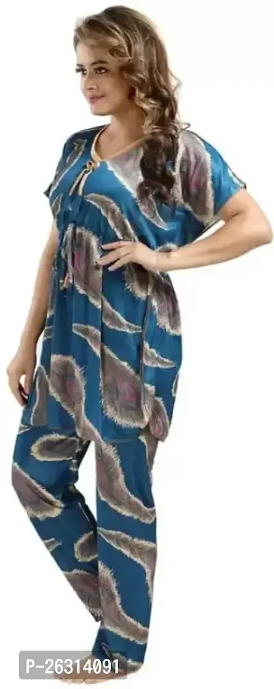 Vivaan Creation Night Suit Satin Feather Printed Comfort fit Kaftan Nighty/Nightdress/Nightwear Suit Set Kaftan and Pyjama Set for Women/Girl - Blue-thumb3