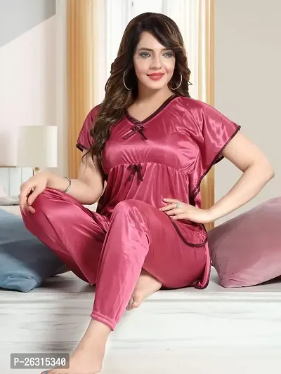 Vivaan Creation Kaftan Waist Tie Ups Dori Kimono Sleeves Kaftan Satin Comfort fit Nighty/Nightdress/Nightwear Pyjama Set for Women  Girls Pack of 1 Pink_L