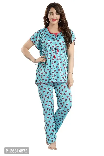 Vania's Grace Satin Kaftan Night Suit - Cherry Print Top Pyjama Set