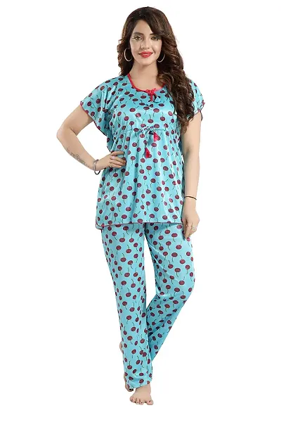 Vania's Grace Satin Kaftan Night Suit - Cherry Print Top Pyjama Set