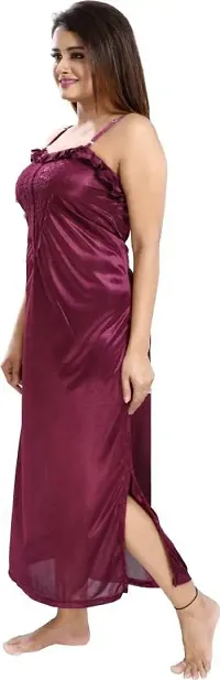 Vania's Grace Women's Satin Plain/Solid Full Length Nightdress/Nightwear Maxi Nighty with Robe Set (Free Size) - Wine-thumb4