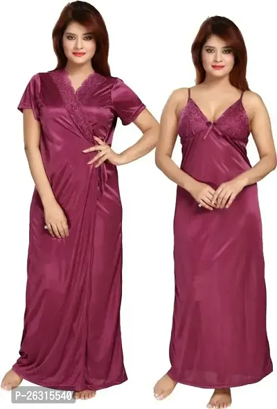Vania's Grace Women's Satin Plain | V Neck Solid Full Length Nightdress | Nightwear Maxi Passed Nighty with Robe Set | Night Dress Maroon