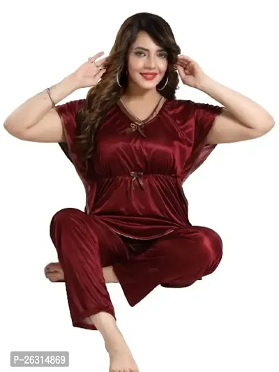 Vivaan Creation Kaftan Waist Tie Ups Dori Kimono Sleeves Kaftan Satin Comfort fit Nighty/Nightdress/Nightwear Pyjama Set for Women  Girls Pack of 1 Maroon_XXXL