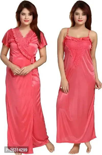 Vania's Grace Women's Satin Plain/Solid Full Length Nightdress/Nightwear Maxi Nighty with Robe Set (Free Size) - Light Pink-thumb0