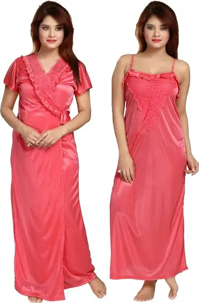 Vania's Grace Women's Satin Plain/Solid Full Length Nightdress/Nightwear Maxi Nighty with Robe Set (Free Size)