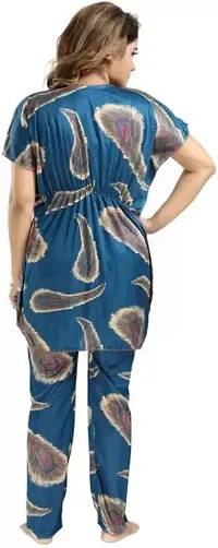 Vivaan Creation Night Suit Satin Feather Printed Comfort fit Kaftan Nighty/Nightdress/Nightwear Suit Set Kaftan and Pyjama Set for Women/Girl - Blue-thumb1