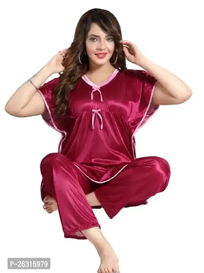 Vivaan Creation Kaftan Waist Tie Ups Dori Kimono Sleeves Kaftan Satin Comfort fit Nighty/Nightdress/Nightwear Pyjama Set for Women  Girls Pack of 1 Wine 1_L-thumb0