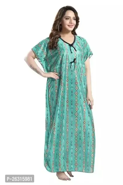 Vania's Grace Printed Comfortable Satin Maxi Kaftan Night Gown | Kimono Nighty | Night Dress Casual Wear | Light Green-thumb0