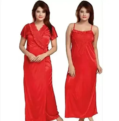 FOXBOOM Women's Satin Nightwear Sleepwear Plain/Solid Nightwear Set Pack of 2