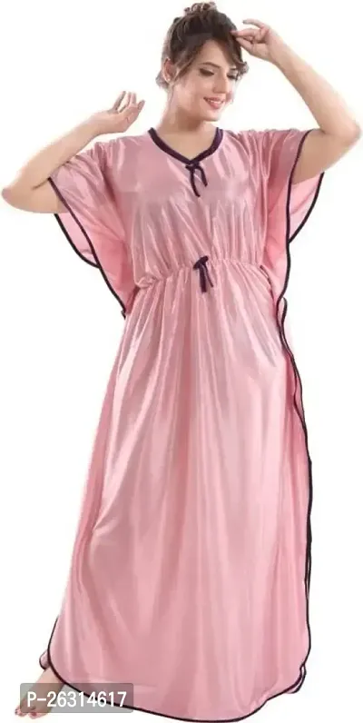 Vania's Grace Kaftan Waist Tie Ups Dori Kimono Short Sleeves Kaftan Satin Comfortable Nighty/Nightdress/Nightwear Full Length for Women/Girls - Baby Pink