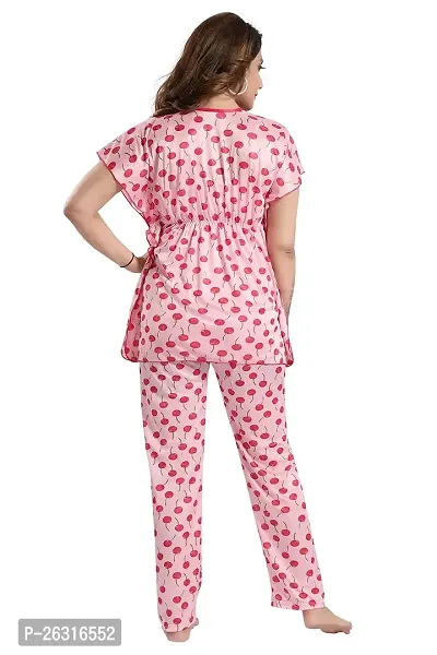 Vania's Grace Satin Kaftan Night Suit - Cherry Print Top Pyjama Set-thumb2