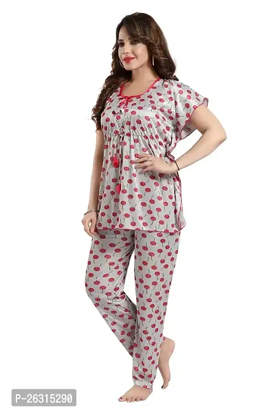 Vania's Grace Satin Kaftan Night Suit - Cherry Print Top Pyjama Set-thumb4