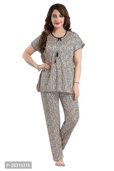 Vania's Grace Satin Kaftan Night Suit - Cheeta Print Top Pyjama Set for Women-thumb0