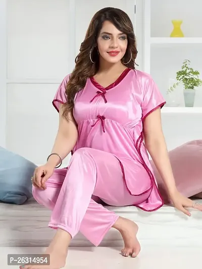 Vivaan Creation Kaftan Waist Tie Ups Dori Kimono Sleeves Kaftan Satin Comfort fit Nighty/Nightdress/Nightwear Pyjama Set for Women  Girls Pack of 1 Baby Pink_XXL-thumb2