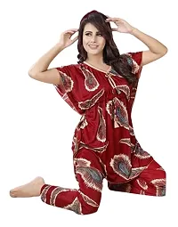 Vania's Grace Night Suit Set |Feather Printed Satin Kaftan Nighty | Kaftan Night Suit with Pyjama Set for Women-thumb4