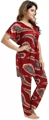 Vania's Grace Night Suit Set |Feather Printed Satin Kaftan Nighty | Kaftan Night Suit with Pyjama Set for Women-thumb2