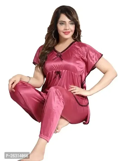 Vivaan Creation Kaftan Waist Tie Ups Dori Kimono Sleeves Kaftan Satin Comfort fit Nighty/Nightdress/Nightwear Pyjama Set for Women  Girls Pack of 1 Pink_XXL-thumb2