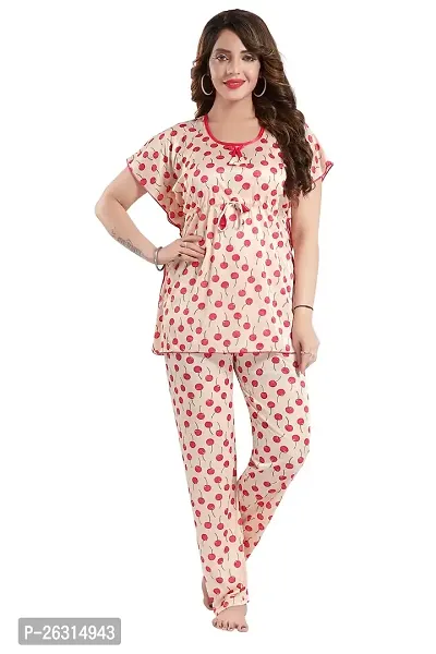 Vania's Grace Satin Kaftan Night Suit - Cherry Print Top Pyjama Set