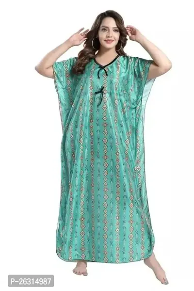 Vivaan Creation Printed Comfortable Satin Maxi Kaftan Night Gown|Kimono Nighty|Night Dress Casual Wear Full Length for Women/Girls (Free Size)_Green