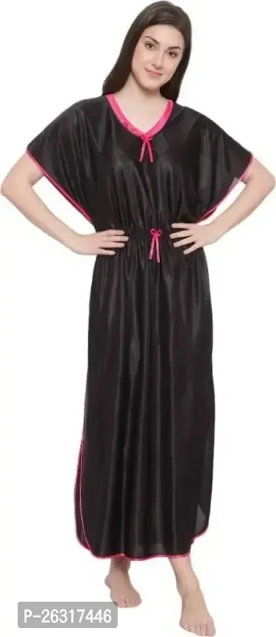 Vania's Grace Kaftan Waist Tie Ups Dori Kimono Short Sleeves Kaftan Satin Comfortable Nighty | Nightdress/Nightwear Full Length for Women/Girls | Black