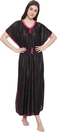 Vivaan Creation Kaftan Waist Tie Ups Dori Kimono Short Sleeves Kaftan Satin Comfortable Nighty/Nightdress/Nightwear Full Length for Women/Girls_Black