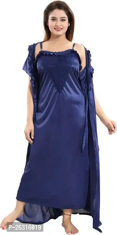 Vivaan Creation Women's Satin Plain/Solid Full Length Nightdress/Nightwear Maxi Nighty with Robe Set of 2 - Blue-thumb5