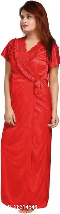 Vania's Grace Women's Satin Plain/Solid Full Length Nightdress/Nightwear Maxi Nighty with Robe Set (Free Size) - Orange-thumb3