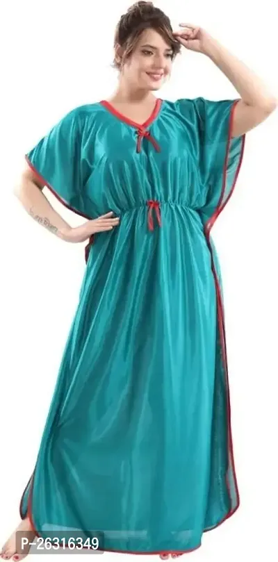 Vania's Grace Kaftan Waist Tie Ups Dori Kimono Short Sleeves Kaftan Satin Comfortable Nighty | Nightdress/Nightwear Full Length for Women/Girls | Lime Green-thumb0