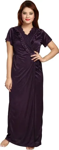 Vania's Grace Women's Satin Plain/Solid Full Length Nightdress/Nightwear Maxi Nighty with Robe Set (Free Size) - Purple-thumb2