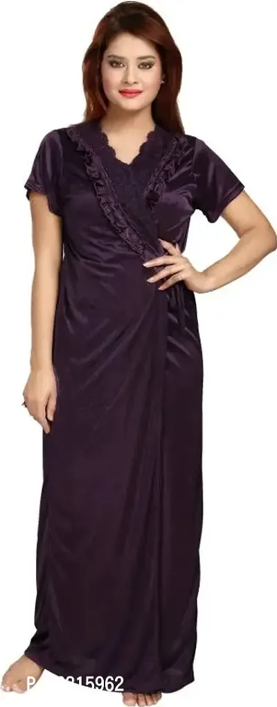 Vania's Grace Women's Satin Plain/Solid Full Length Nightdress/Nightwear Maxi Nighty with Robe Set (Free Size) - Purple-thumb3