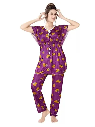 Vivaan Creation Night Suit Satin Heart Comfort fit Kaftan Nighty/Nightdress/Nightwear Suit Set Kaftan and Pyjama Set for Women/Girl -