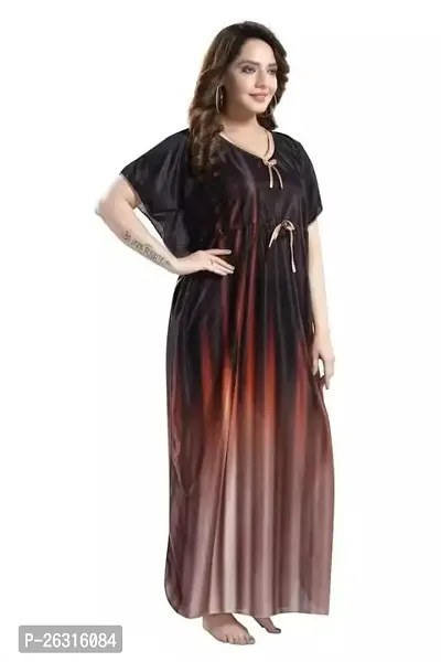 Vivaan Creation Printed Comfortable Satin Maxi Kaftan Night Gown|Kimono Nighty|Night Dress Casual Wear Full Length for Women/Girls (Free Size)_Brown