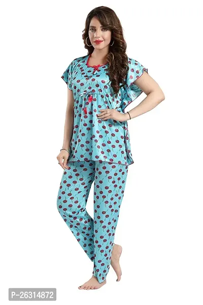 Vania's Grace Satin Kaftan Night Suit - Cherry Print Top Pyjama Set-thumb4