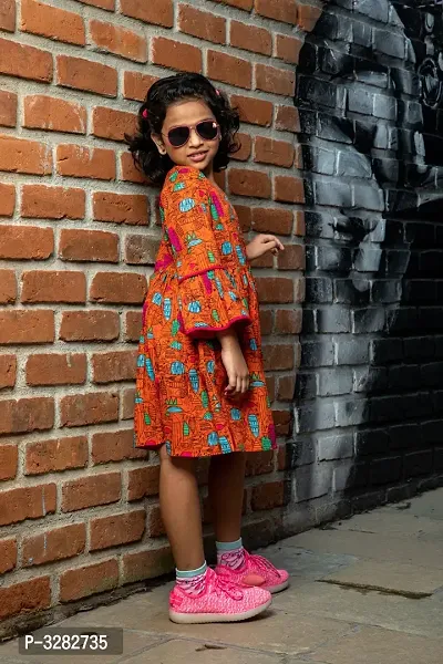 Orange printed Bell Sleeves Dress-thumb2