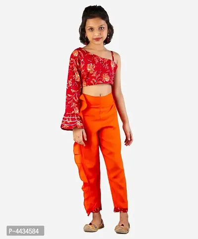 Girl's One Shoulder crop top and Trouser set - Maroon-thumb0