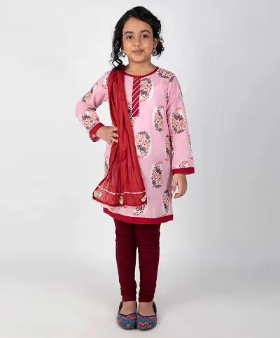 Girl's Festive Wear Cotton Kurta Bottom Set